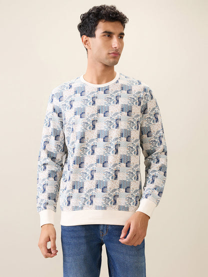 Parx Men White Printed Regular Fit Cotton Full Sleeve Round Neck Collar Sweatshirt