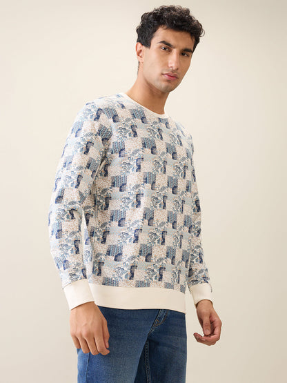 Parx Men White Printed Regular Fit Cotton Full Sleeve Round Neck Collar Sweatshirt
