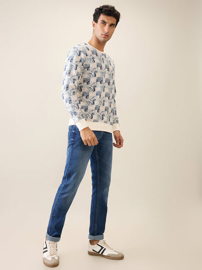 Parx Men White Printed Regular Fit Cotton Full Sleeve Round Neck Collar Sweatshirt