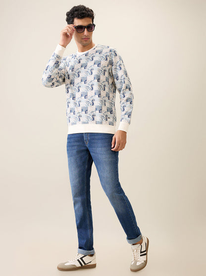 Parx Men White Printed Regular Fit Cotton Full Sleeve Round Neck Collar Sweatshirt