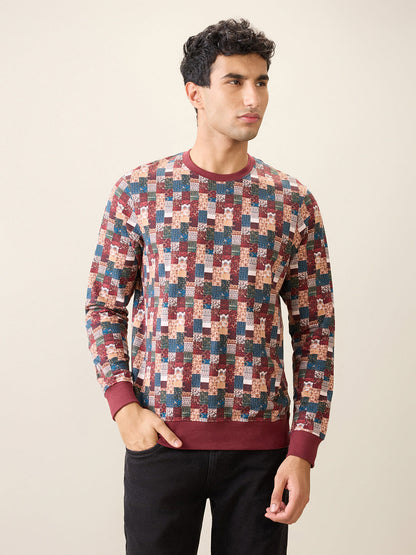 Parx Men Orange Printed Regular Fit Cotton Full Sleeve Round Neck Collar Sweatshirt