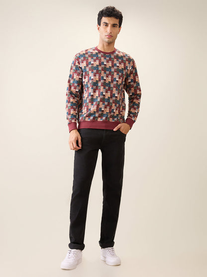 Parx Men Orange Printed Regular Fit Cotton Full Sleeve Round Neck Collar Sweatshirt