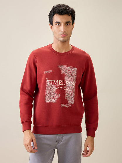 Parx Men Orange Graphic Regular Fit Cotton Blend Full Sleeve Round Neck Collar Sweatshirt