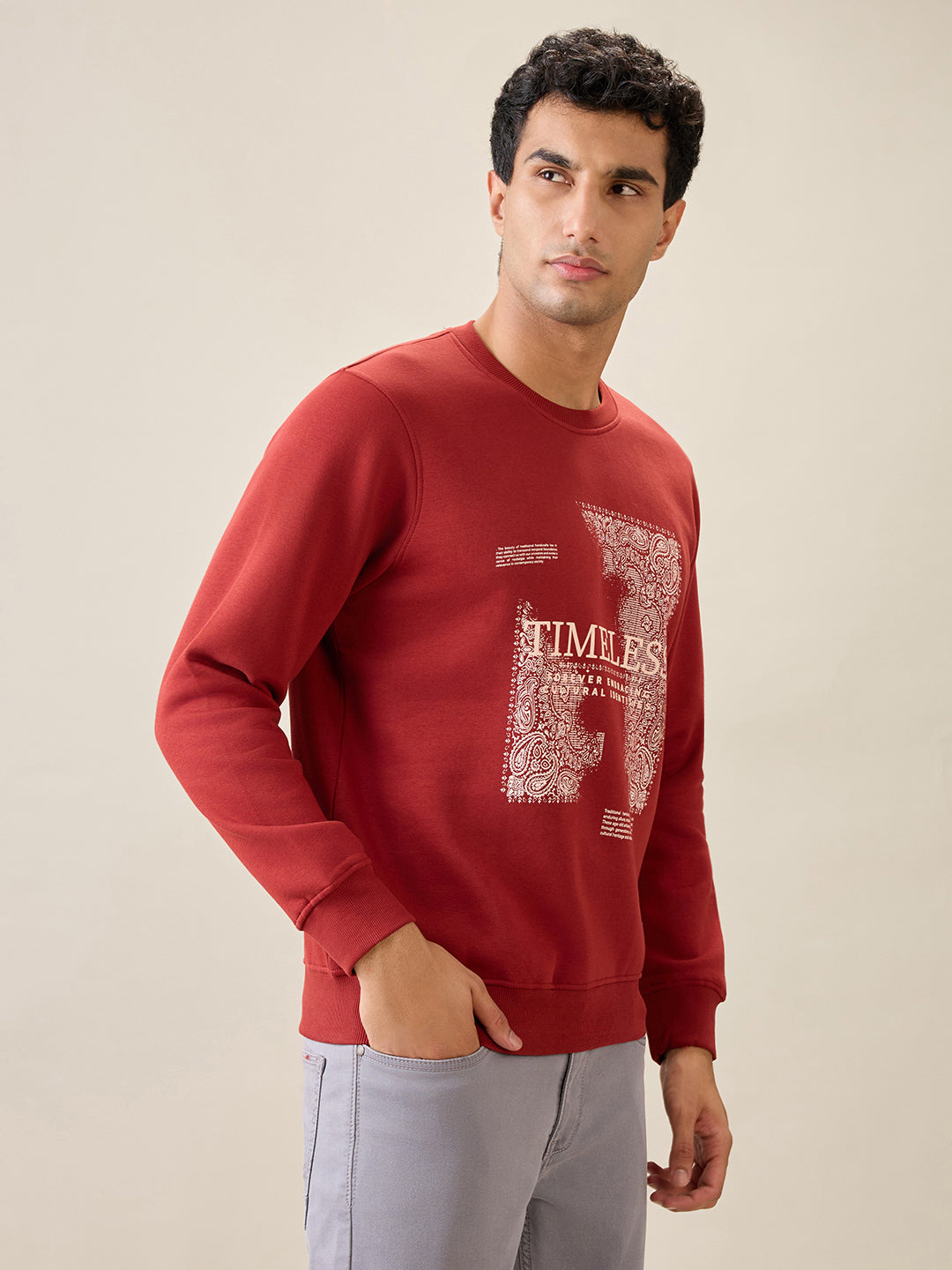 Parx Men Orange Graphic Regular Fit Cotton Blend Full Sleeve Round Neck Collar Sweatshirt