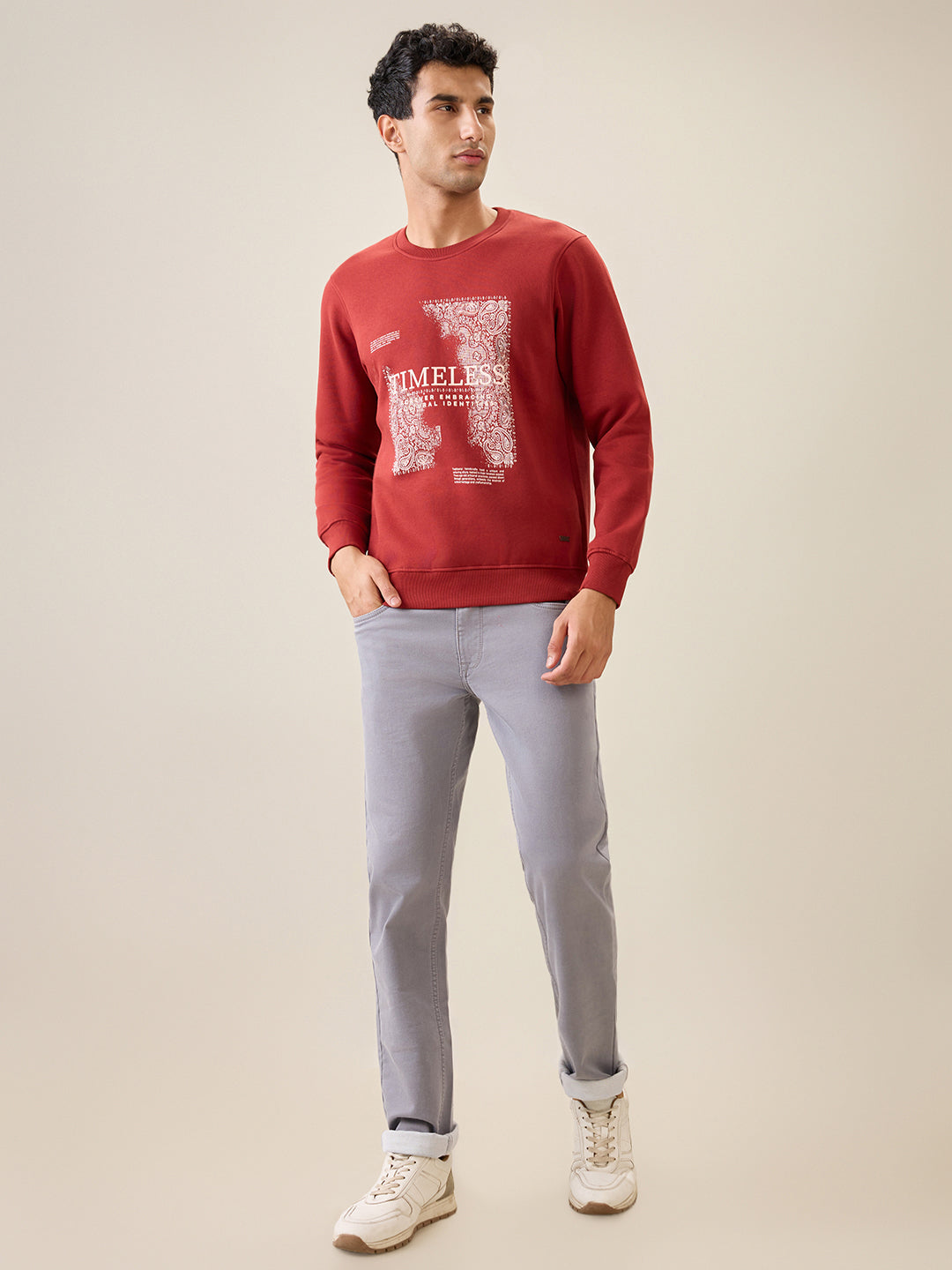 Parx Men Orange Graphic Regular Fit Cotton Blend Full Sleeve Round Neck Collar Sweatshirt