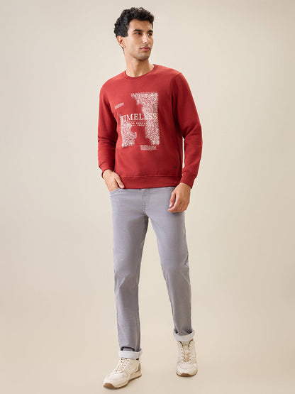 Parx Men Orange Graphic Regular Fit Cotton Blend Full Sleeve Round Neck Collar Sweatshirt