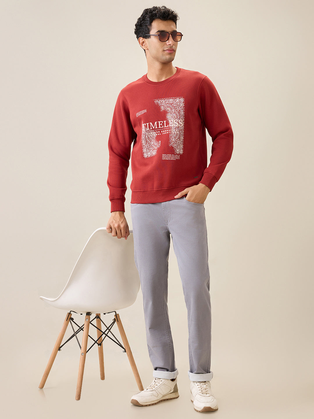 Parx Men Orange Graphic Regular Fit Cotton Blend Full Sleeve Round Neck Collar Sweatshirt