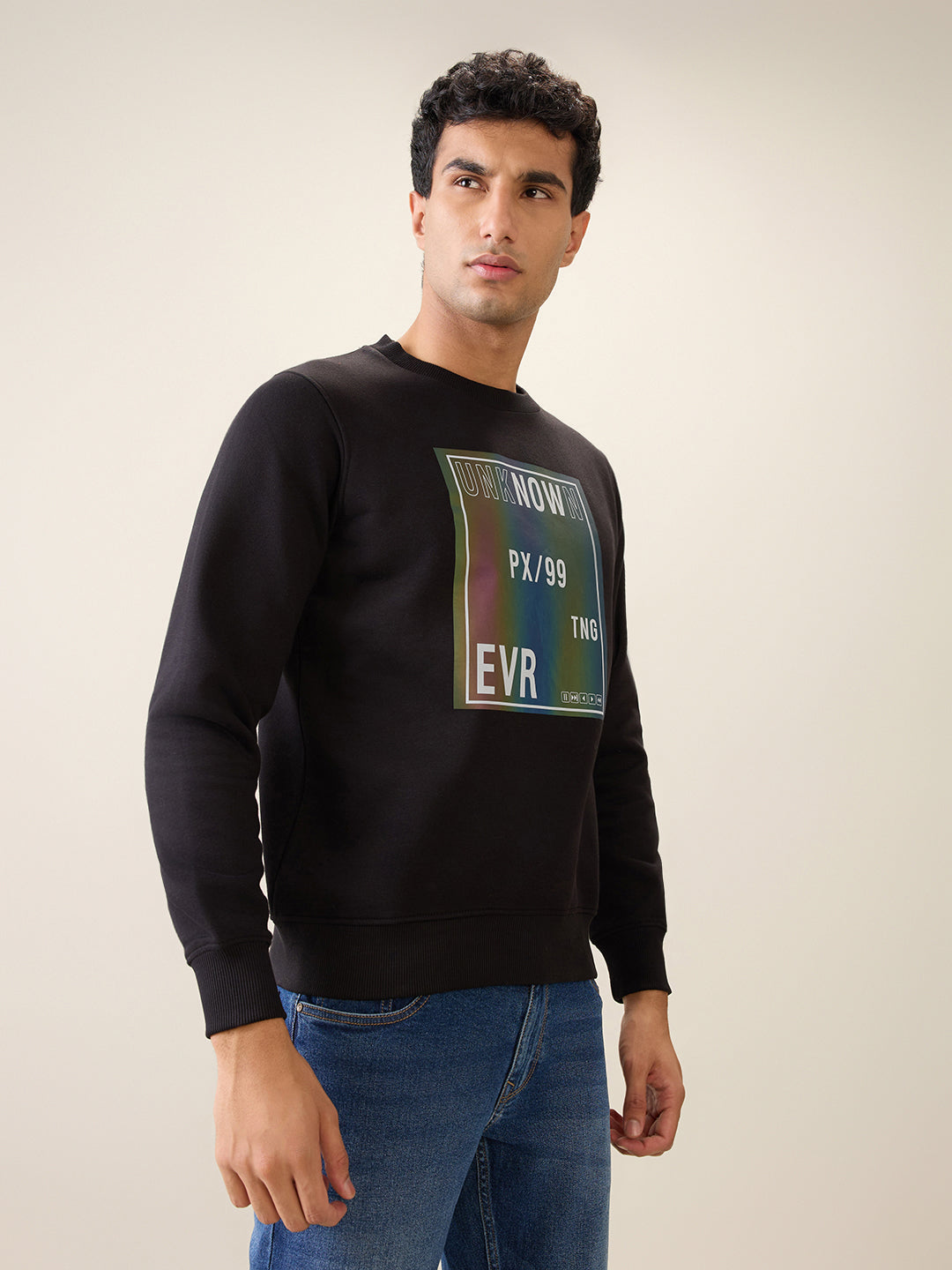 Parx Men Black Printed Regular Fit Cotton Blend Full Sleeve Round Neck Collar Sweatshirt