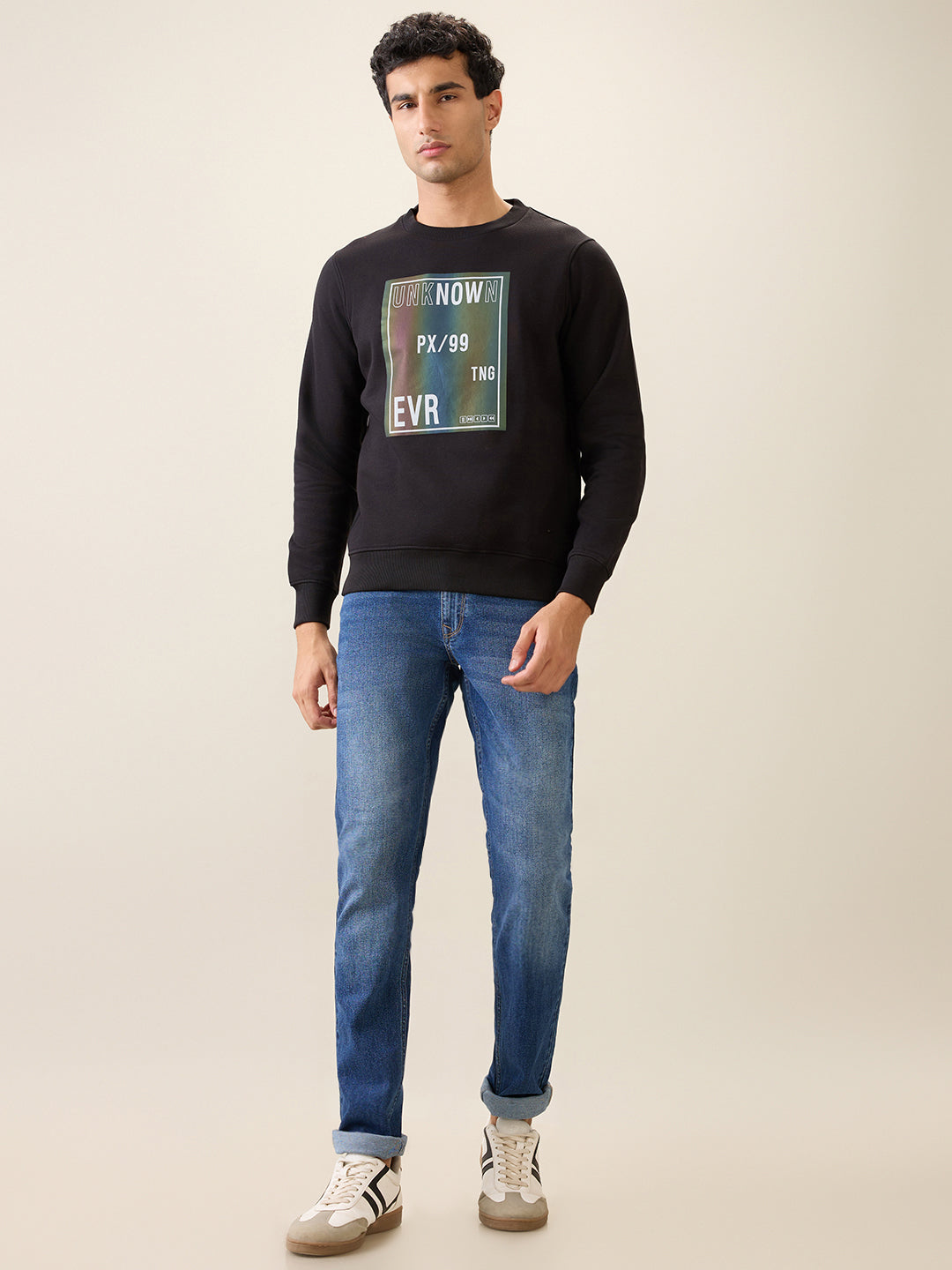 Parx Men Black Printed Regular Fit Cotton Blend Full Sleeve Round Neck Collar Sweatshirt