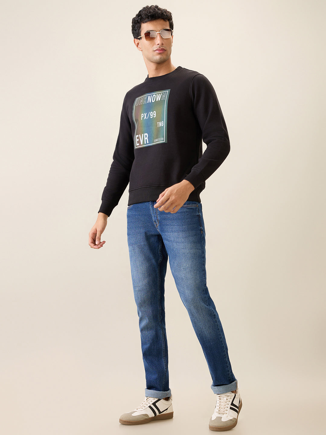 Parx Men Black Printed Regular Fit Cotton Blend Full Sleeve Round Neck Collar Sweatshirt