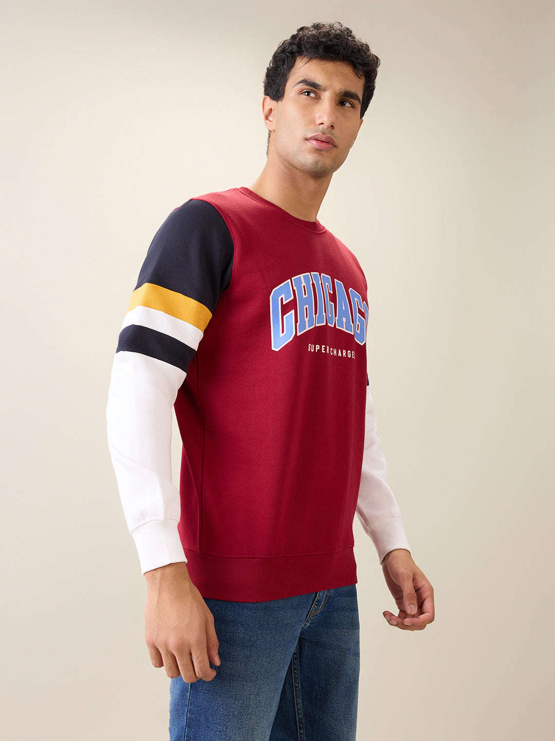 Parx Men Maroon Cut & Sew Regular Fit Cotton Blend Full Sleeve Round Neck Collar Sweatshirt