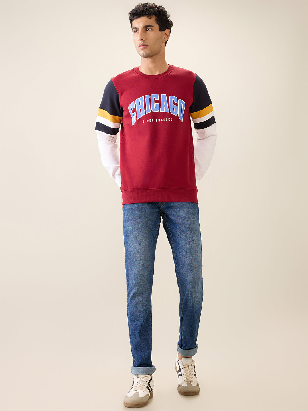 Parx Men Maroon Cut & Sew Regular Fit Cotton Blend Full Sleeve Round Neck Collar Sweatshirt