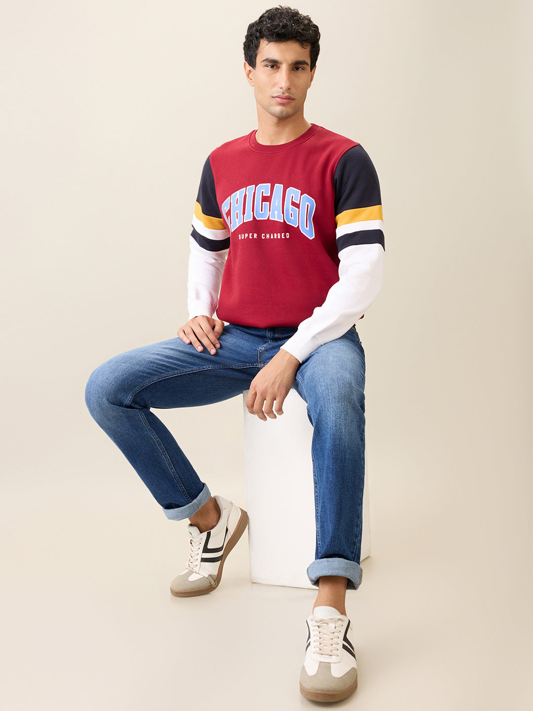 Parx Men Maroon Cut & Sew Regular Fit Cotton Blend Full Sleeve Round Neck Collar Sweatshirt