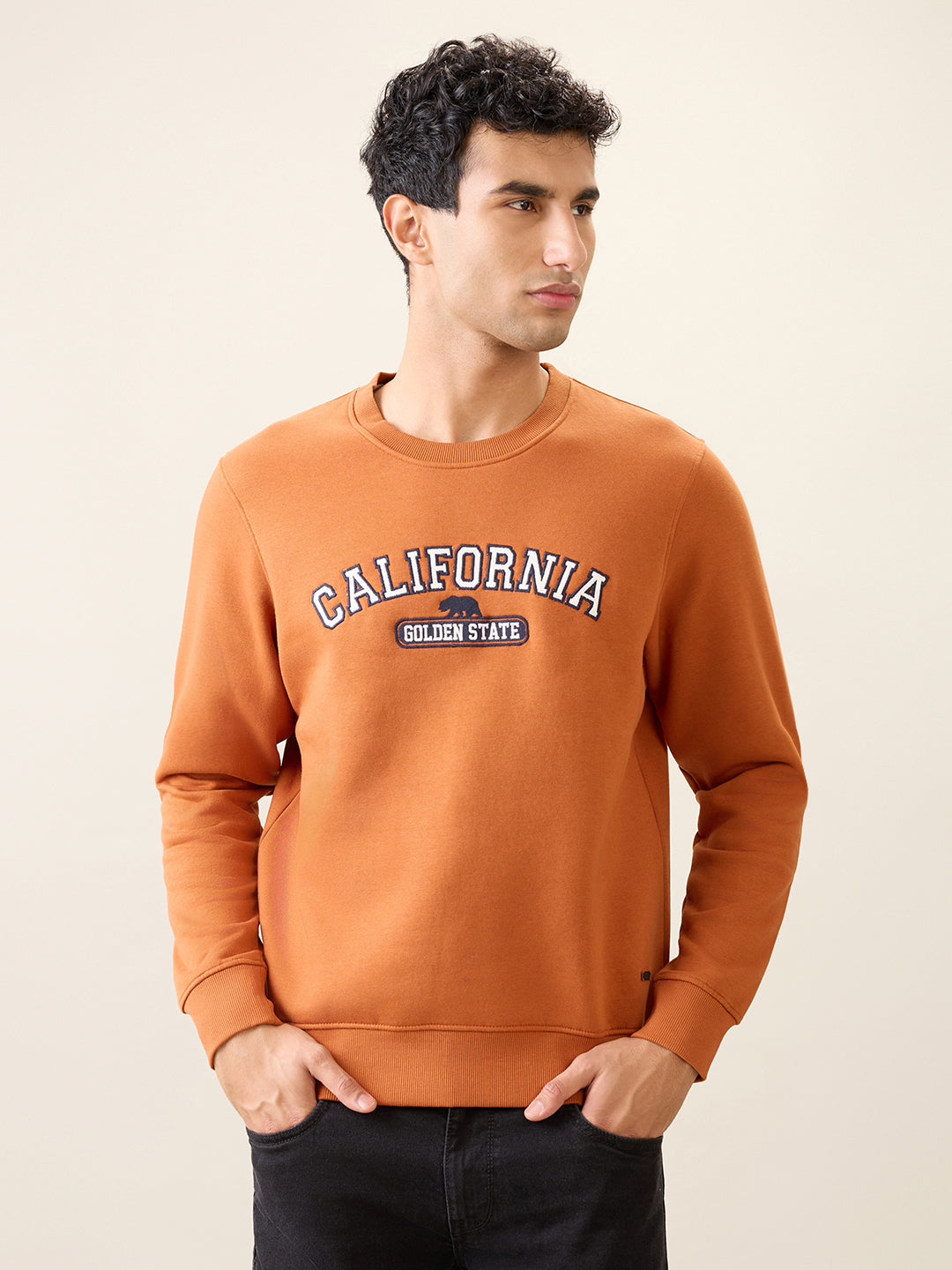 Parx Men Orange Graphic Regular Fit Cotton Blend Full Sleeve Round Neck Collar Sweatshirt