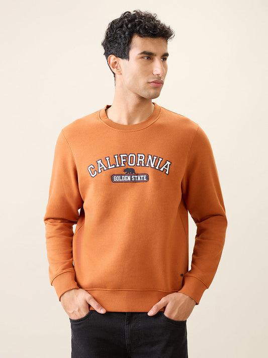Parx Men Orange Graphic Regular Fit Cotton Blend Full Sleeve Round Neck Collar Sweatshirt