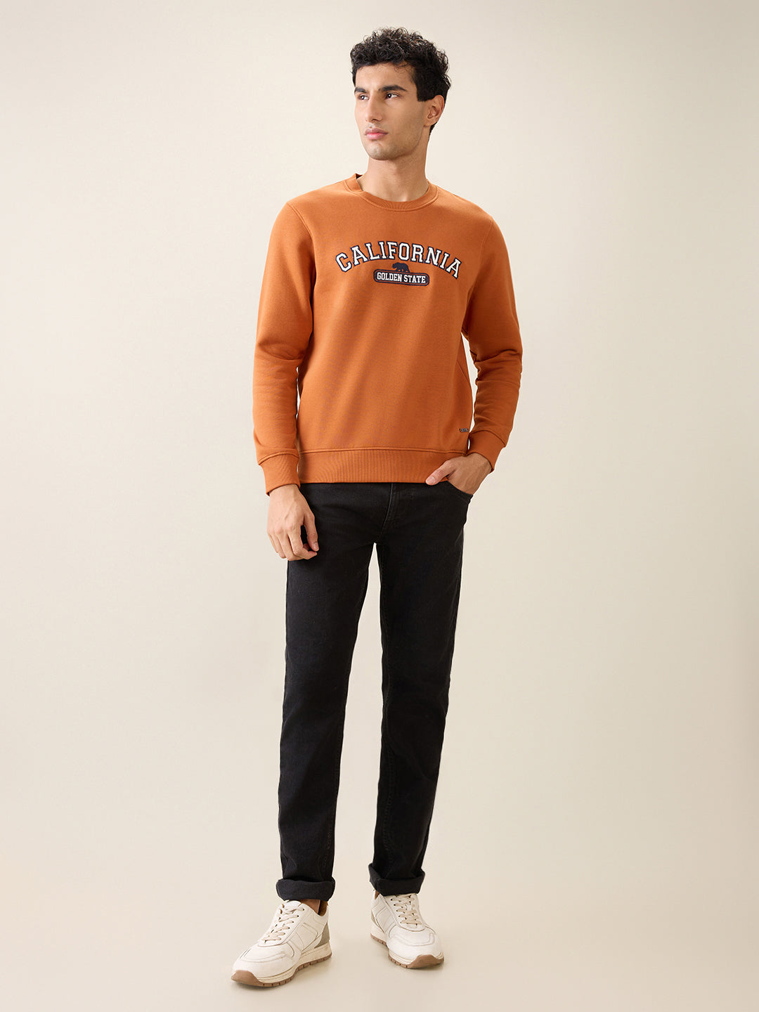 Parx Men Orange Graphic Regular Fit Cotton Blend Full Sleeve Round Neck Collar Sweatshirt