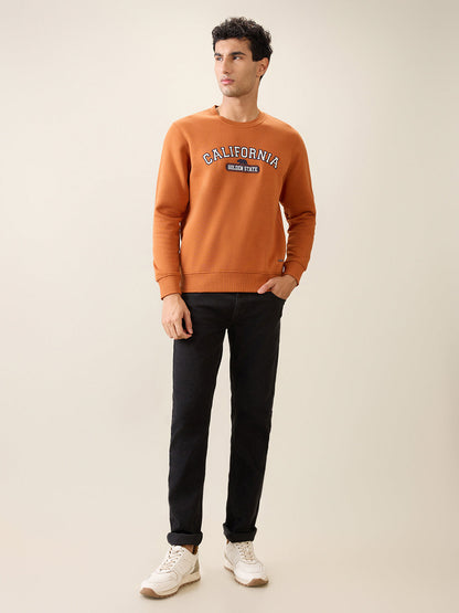 Parx Men Orange Graphic Regular Fit Cotton Blend Full Sleeve Round Neck Collar Sweatshirt