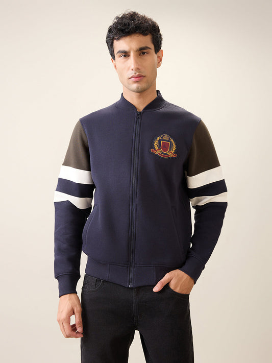 Parx Men Blue Cut & Sew Regular Fit Cotton Blend Full Sleeve Base Ball Collar Sweatshirt