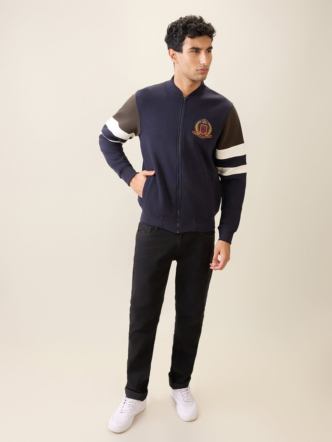 Parx Men Blue Cut & Sew Regular Fit Cotton Blend Full Sleeve Base Ball Collar Sweatshirt