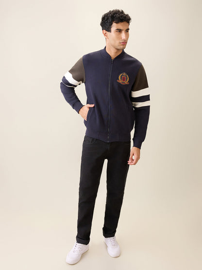 Parx Men Blue Cut & Sew Regular Fit Cotton Blend Full Sleeve Base Ball Collar Sweatshirt