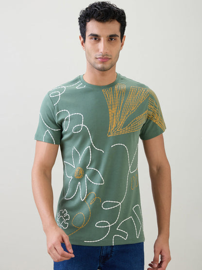 Parx Men Green Graphic Regular Fit Cotton Half Sleeve T-Shirt