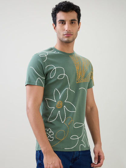 Parx Men Green Graphic Regular Fit Cotton Half Sleeve T-Shirt