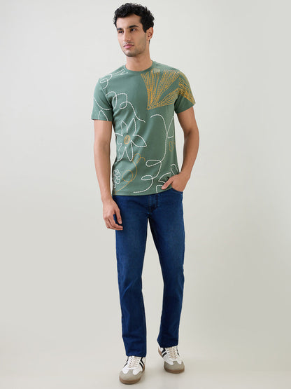 Parx Men Green Graphic Regular Fit Cotton Half Sleeve T-Shirt