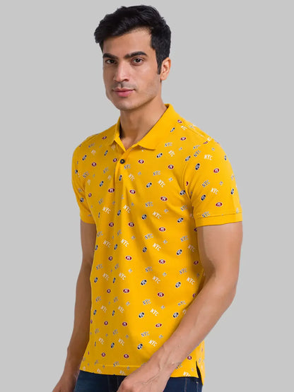 Men Yellow Regular Fit Print Cotton Round Neck Collar Polo T-Shirt