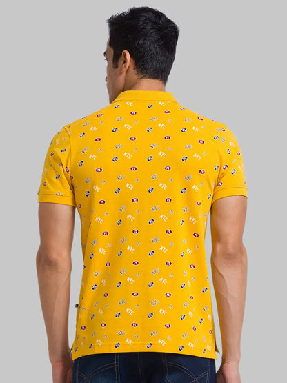 Men Yellow Regular Fit Print Cotton Round Neck Collar Polo T-Shirt