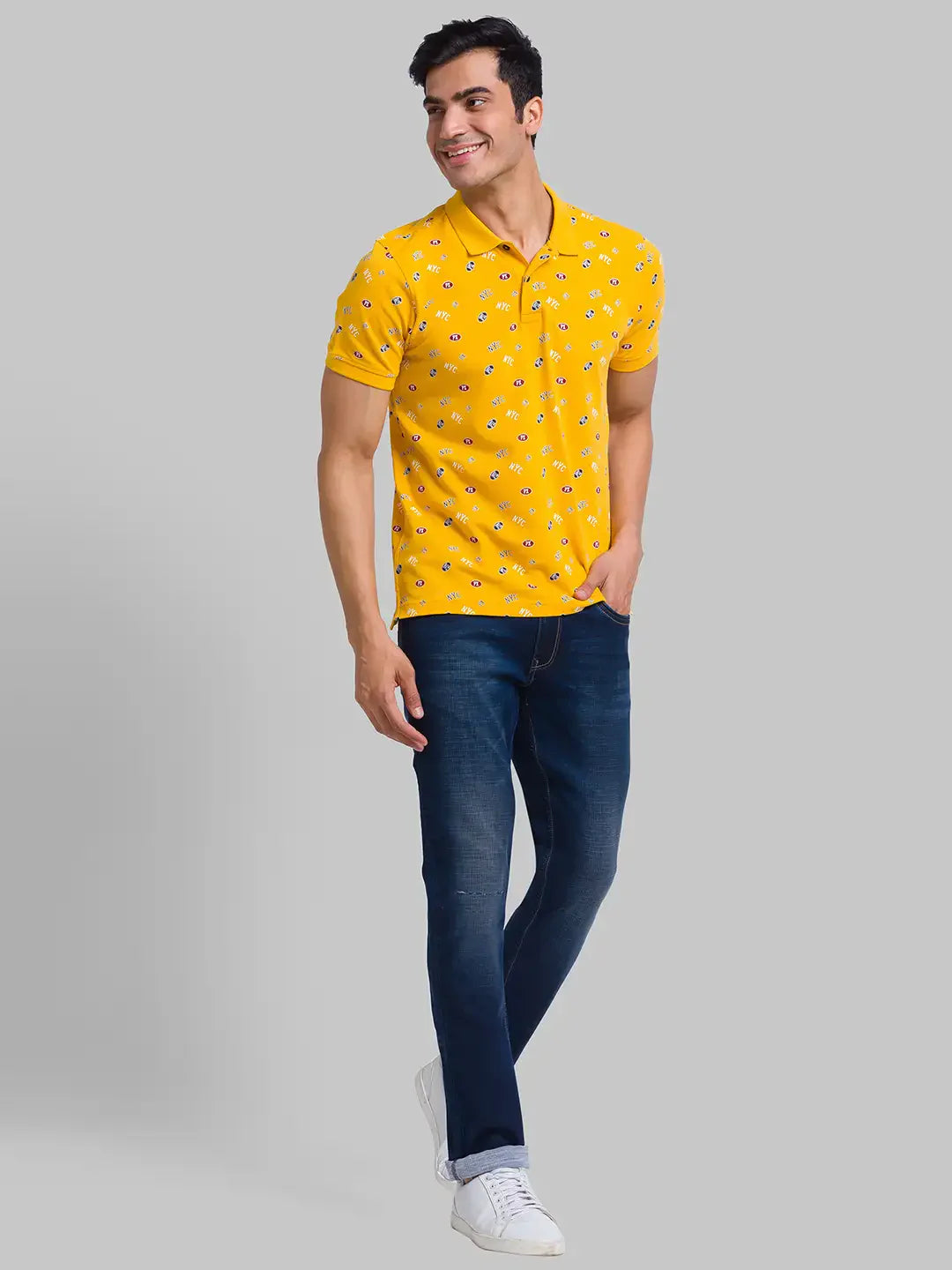 Men Yellow Regular Fit Print Cotton Round Neck Collar Polo T-Shirt
