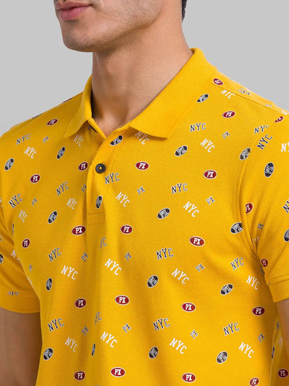 Men Yellow Regular Fit Print Cotton Round Neck Collar Polo T-Shirt