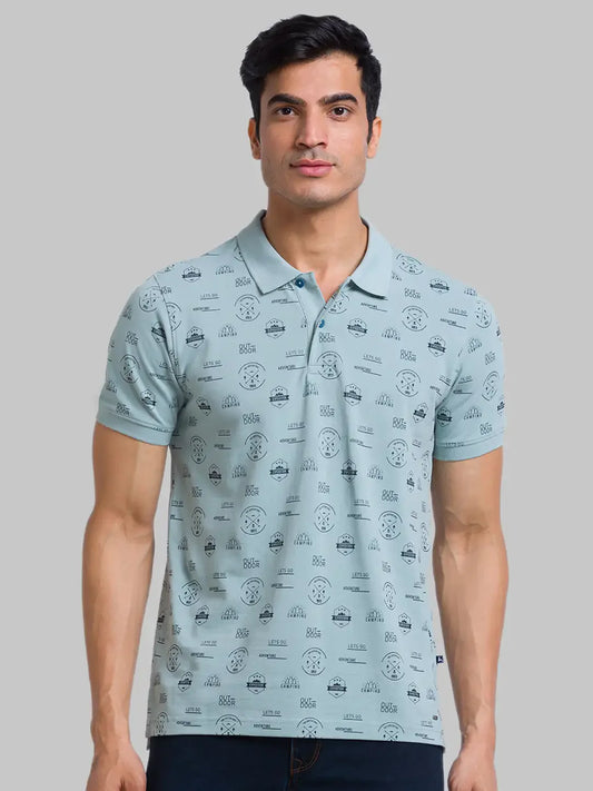 Men Green Regular Fit Print Cotton Round Neck Collar Polo T-Shirt