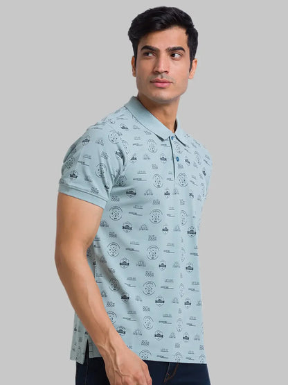 Men Green Regular Fit Print Cotton Round Neck Collar Polo T-Shirt