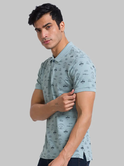 Men Green Regular Fit Print Cotton Round Neck Collar Polo T-Shirt