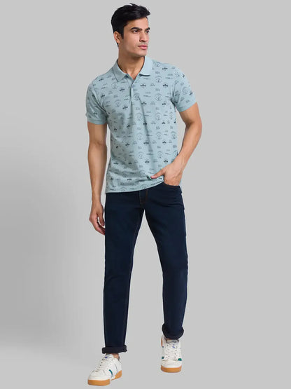 Men Green Regular Fit Print Cotton Round Neck Collar Polo T-Shirt