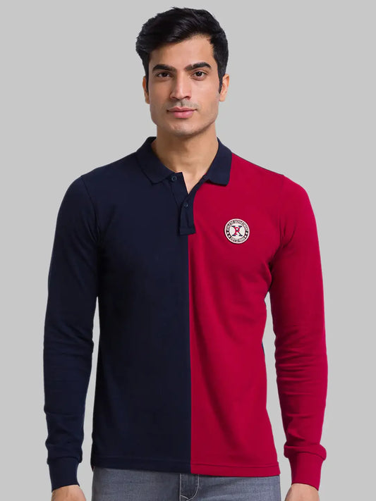 Men Blue Regular Fit Cut & Sew Cotton Round Neck Collar Polo T-Shirt