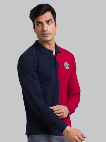 Men Blue Regular Fit Cut & Sew Cotton Round Neck Collar Polo T-Shirt