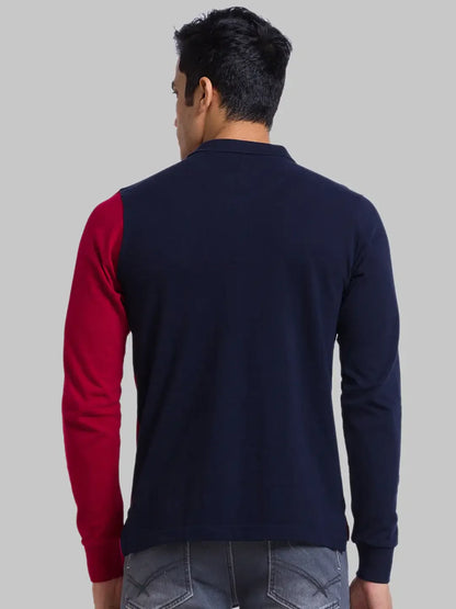 Men Blue Regular Fit Cut & Sew Cotton Round Neck Collar Polo T-Shirt