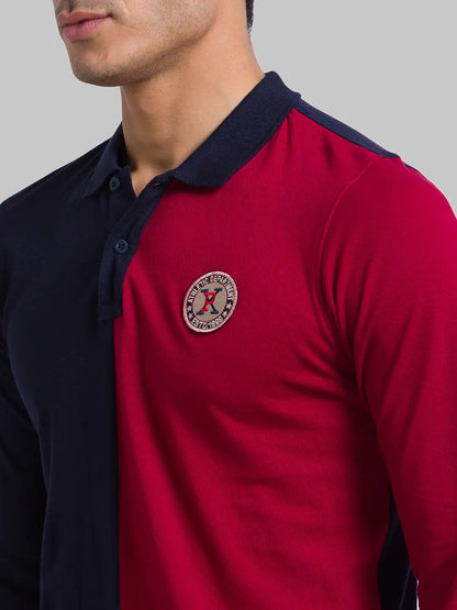 Men Blue Regular Fit Cut & Sew Cotton Round Neck Collar Polo T-Shirt