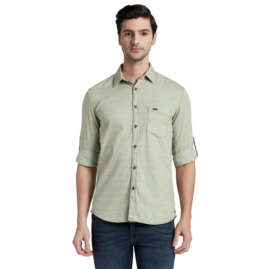 Men Green Slim Fit Print Cotton Full Sleeve Shirts