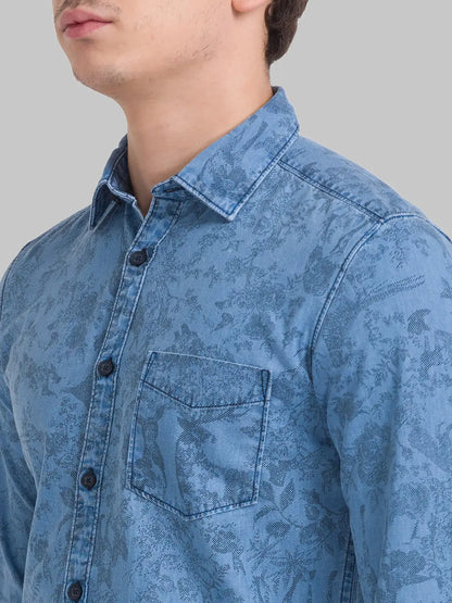 Men Blue Slim Fit Print Cotton Full Sleeve Shirts