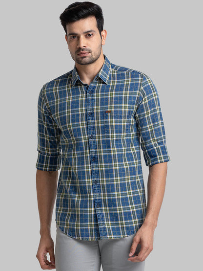 Parx Blue Checks Slim Fit Full Sleeve Cotton Shirt
