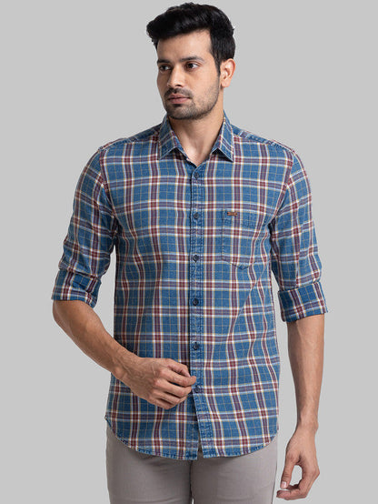 Parx Men Blue Checkered Slim Fit Cotton Casual Shirt