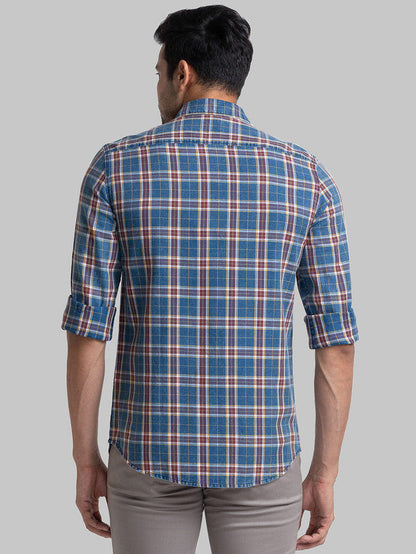 Parx Men Blue Checkered Slim Fit Cotton Casual Shirt