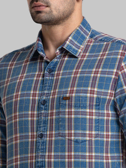 Parx Men Blue Checkered Slim Fit Cotton Casual Shirt