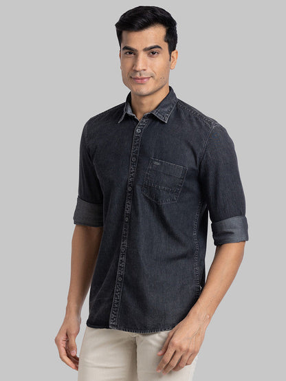 Parx Black Solid Slim Fit Cotton Casual Shirt