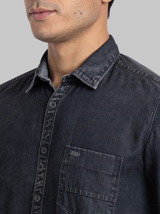 Parx Black Solid Slim Fit Cotton Casual Shirt