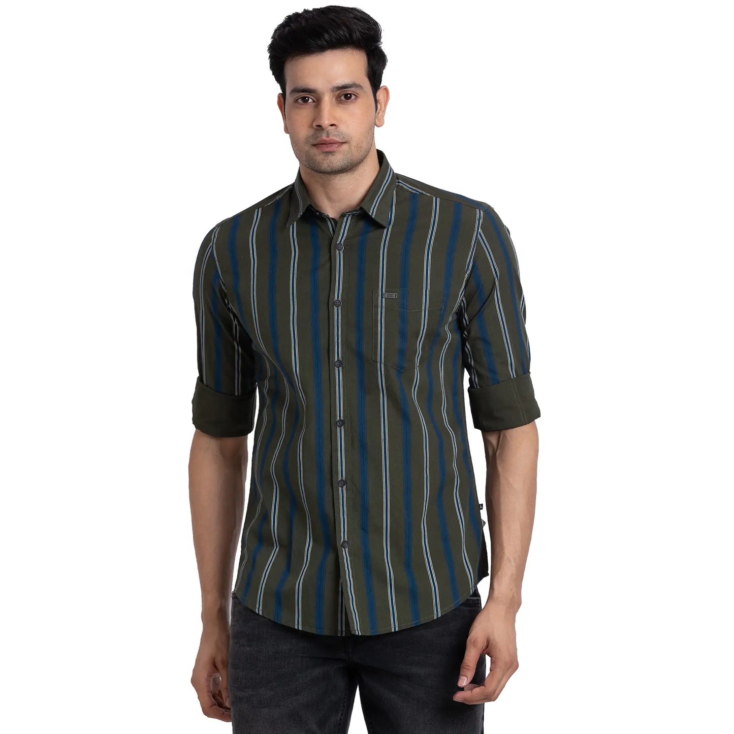 Parx Men Green Stripe Slim Fit Cotton Full Sleeve Cutway Collar Shirt
