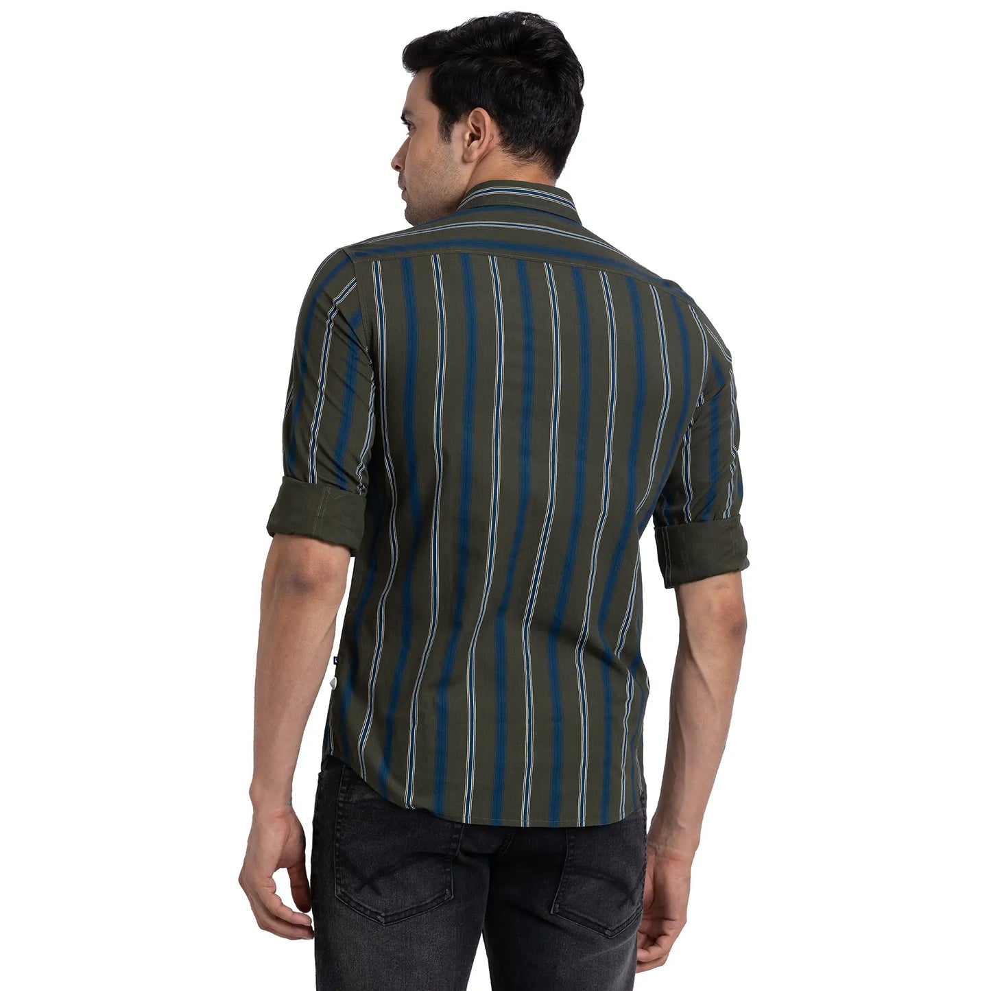 Parx Men Green Stripe Slim Fit Cotton Full Sleeve Cutway Collar Shirt