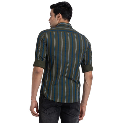 Parx Men Green Stripe Slim Fit Cotton Full Sleeve Cutway Collar Shirt